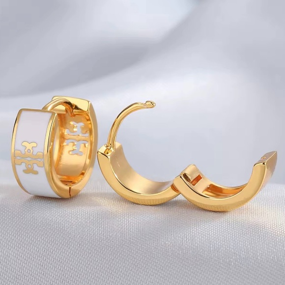TORY BURCH GOLD & WHITE LOGO HUGGIE HOOP EARRINGS - Picture 4 of 5